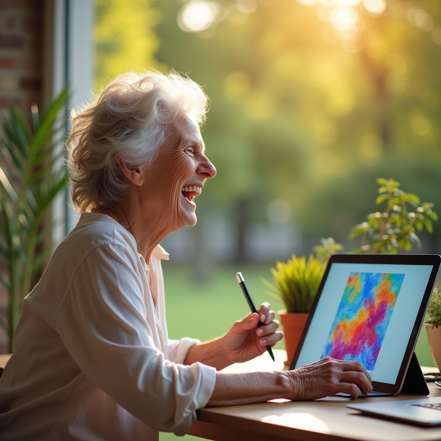 A senior woman joyfully creates digital artwork on a tablet, highlighting how the best hobby for senior women can foster a sense of purpose.