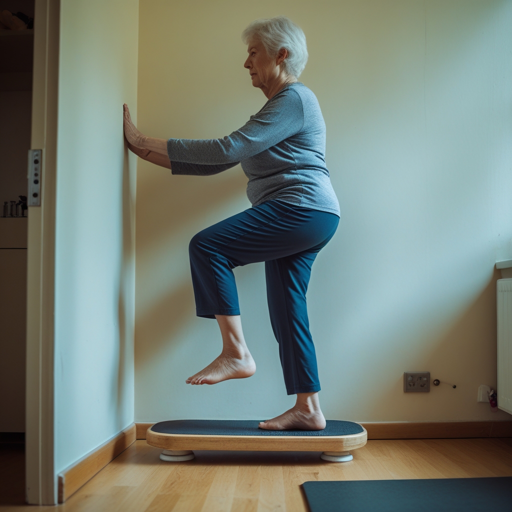Elderly woman performs calf raises, one of the beginner exercises using a balance board for seniors