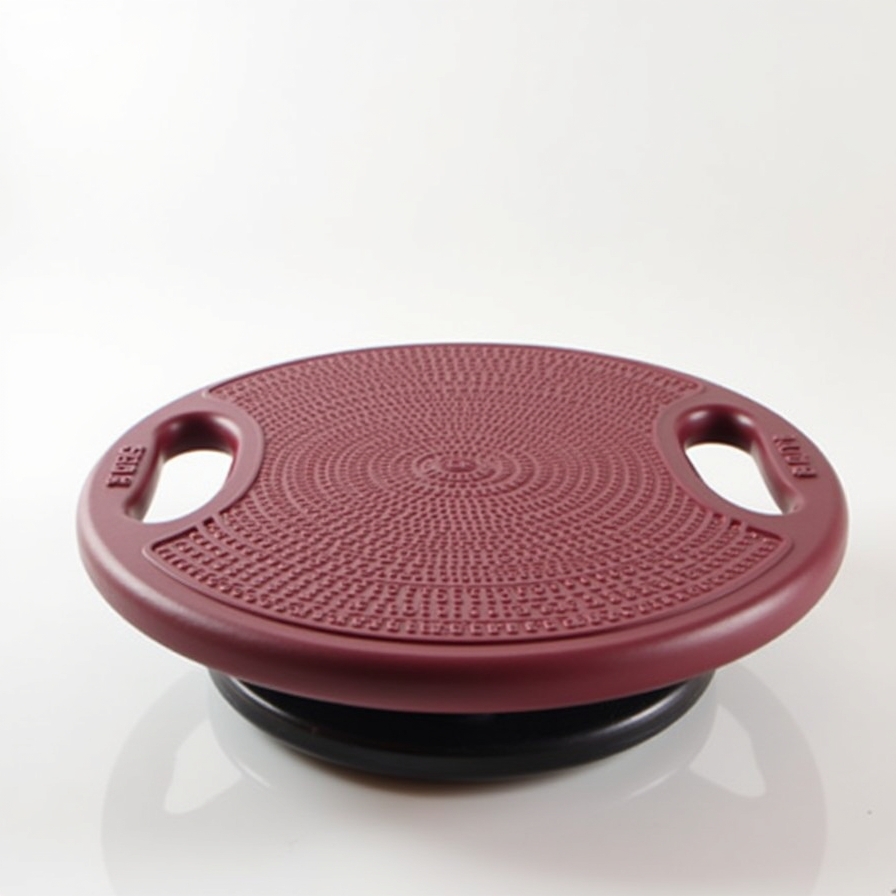 A sturdy maroon balance board with a textured surface and handles, ideal for balance board-based beginner exercises