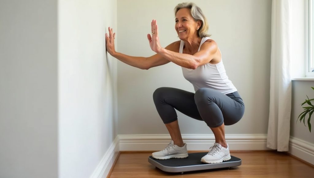 A senior woman practices beginner exercises using a balance board for seniors, performing a squat to improve balance.