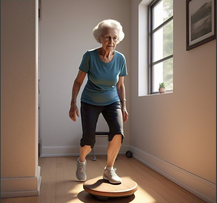 An elderly lady performs beginner exercises using a balance board for seniors indoors