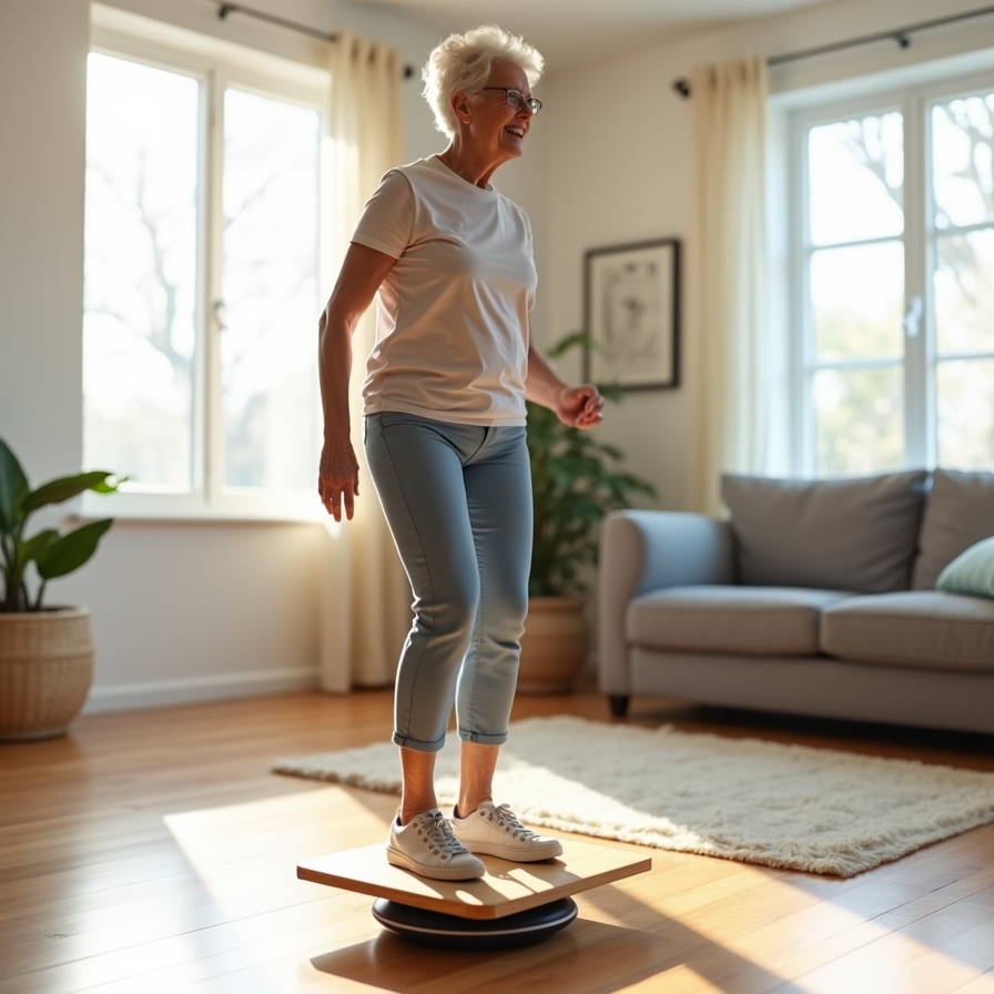 A senior woman practices beginner exercises using a balance board for seniors in a bright living room