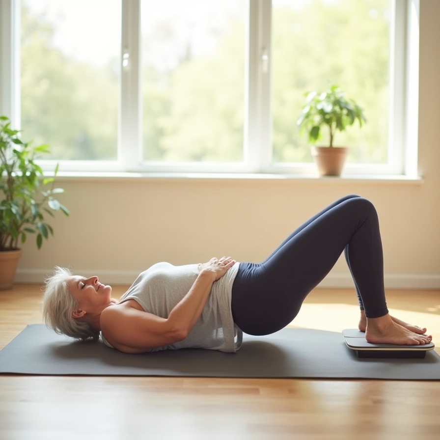 A senior woman performs a glute bridge as part of beginner exercises using a balance board for seniors