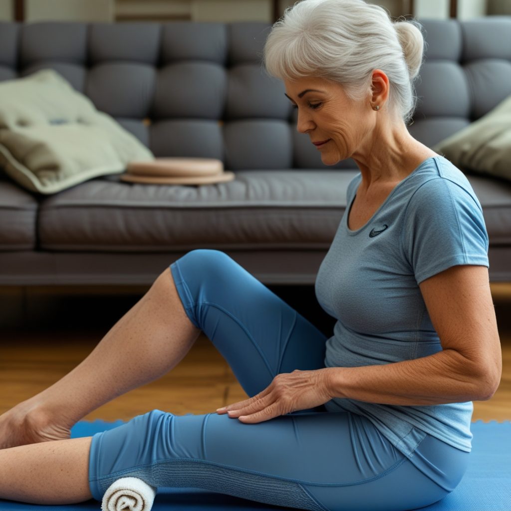 A senior woman performing quad sets, a simple yet effective knee strengthening exercise for seniors.