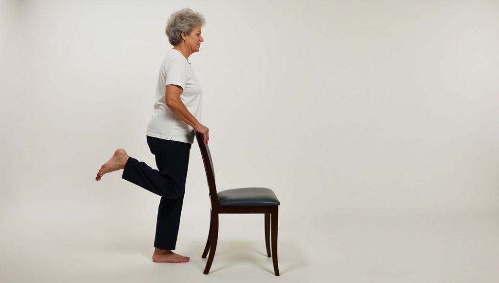 A senior woman performs standing hamstring curls while holding the back of a wooden chair for support.