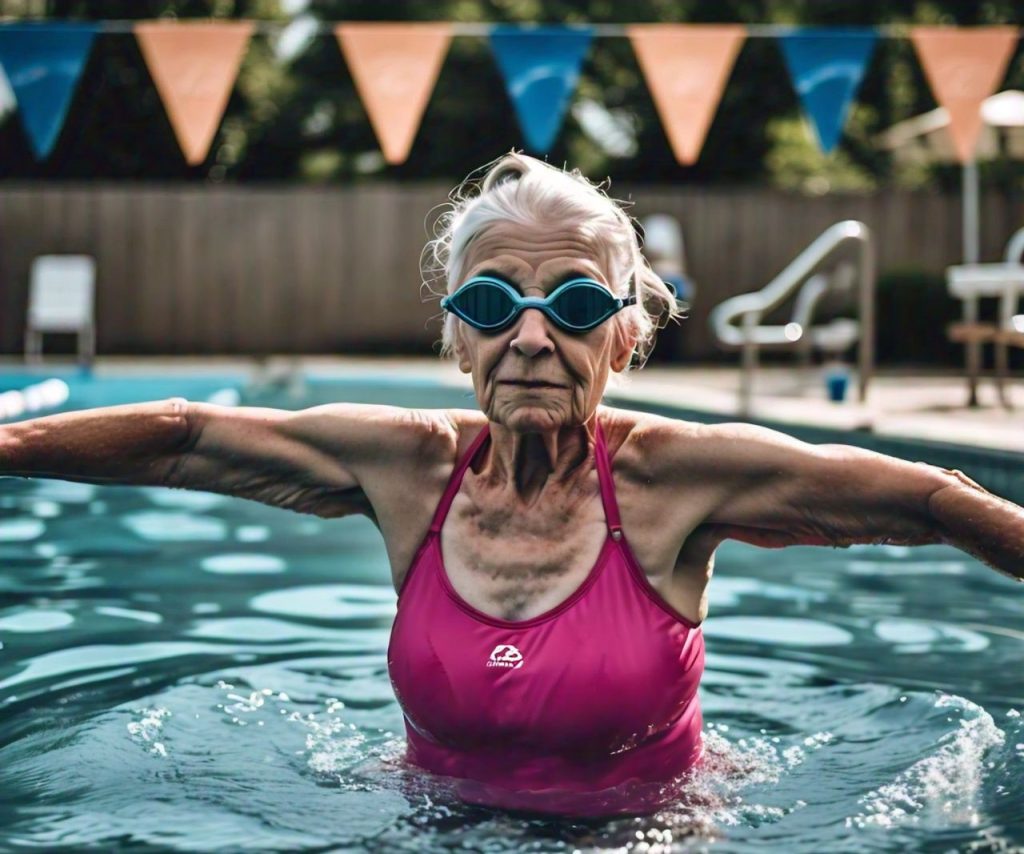 An older woman performing arm circles, a simple senior water aerobics routine