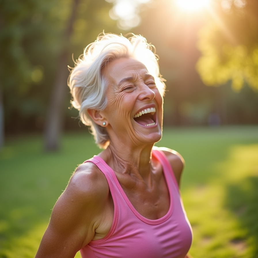 Elderly lady stretching under sunlight, engaging in a practice that may help prevent nutrient deficiencies in older adults.