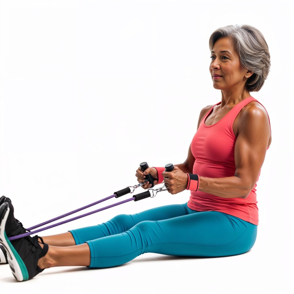 Elderly woman performing seated resistance band rows as part of a HIIT workout for seniors.