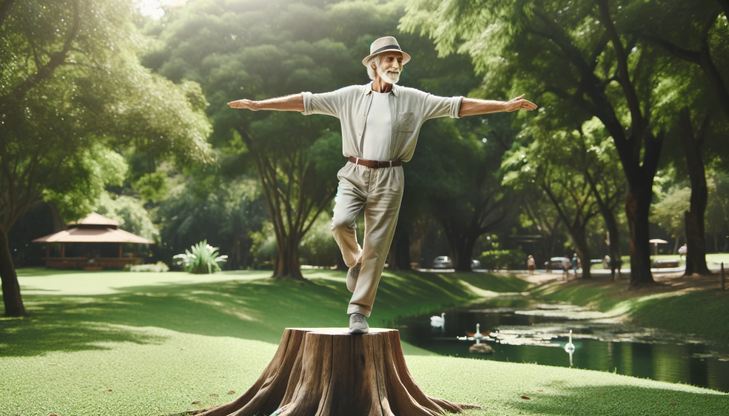 A senior man balancing in the park